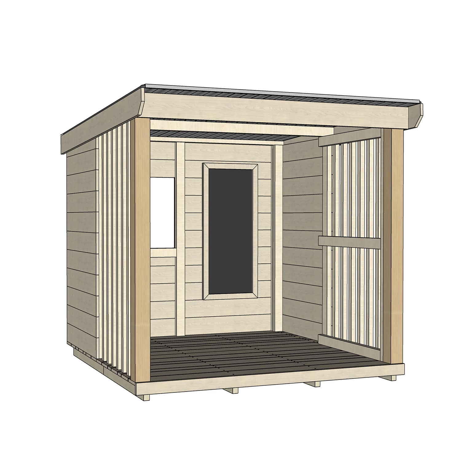 Raw wooden shelter shed with blackboard and open front for high visibility