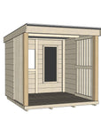 Raw wooden shelter shed with blackboard and open front for high visibility