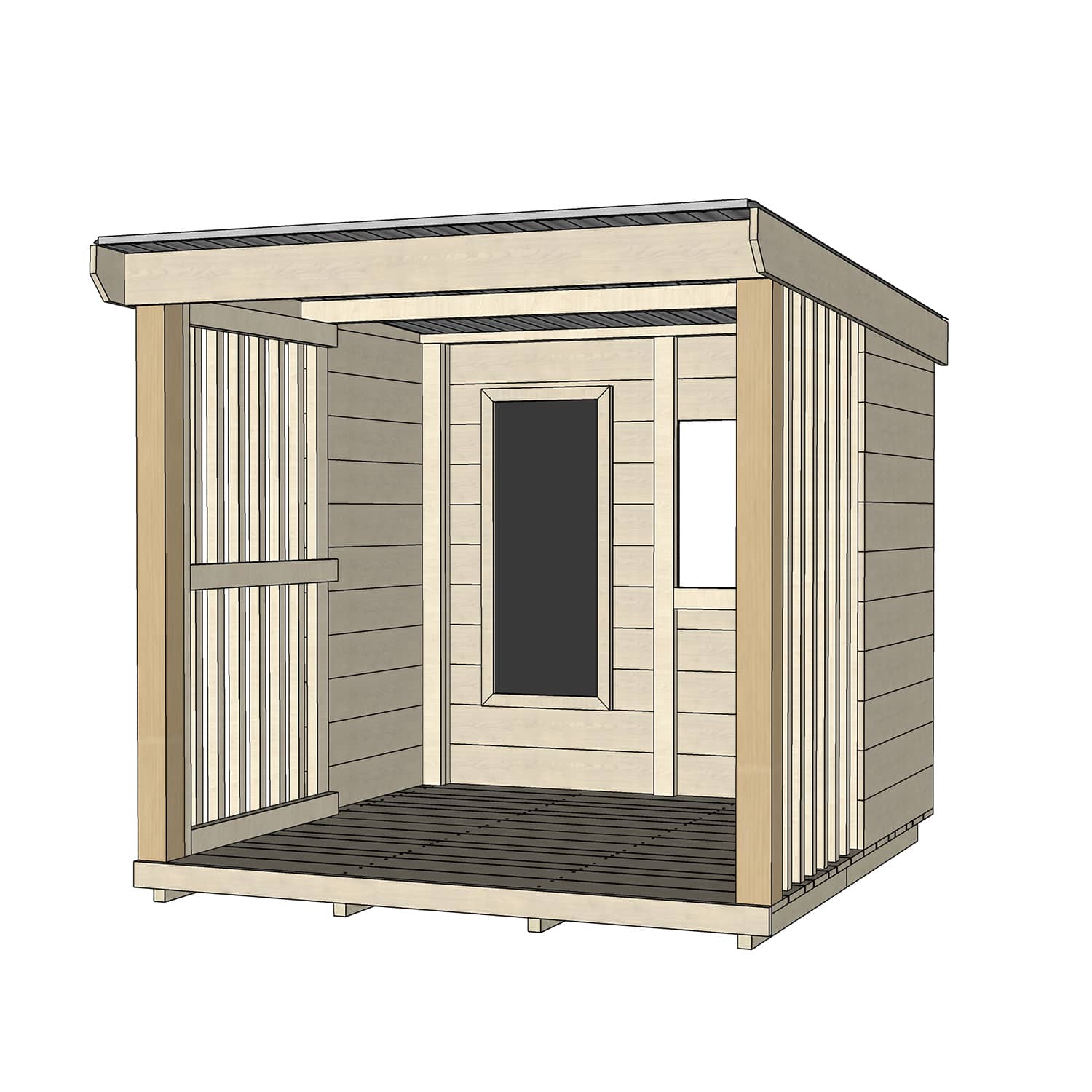 Raw pine cubby shelter with window and open front for good supervision