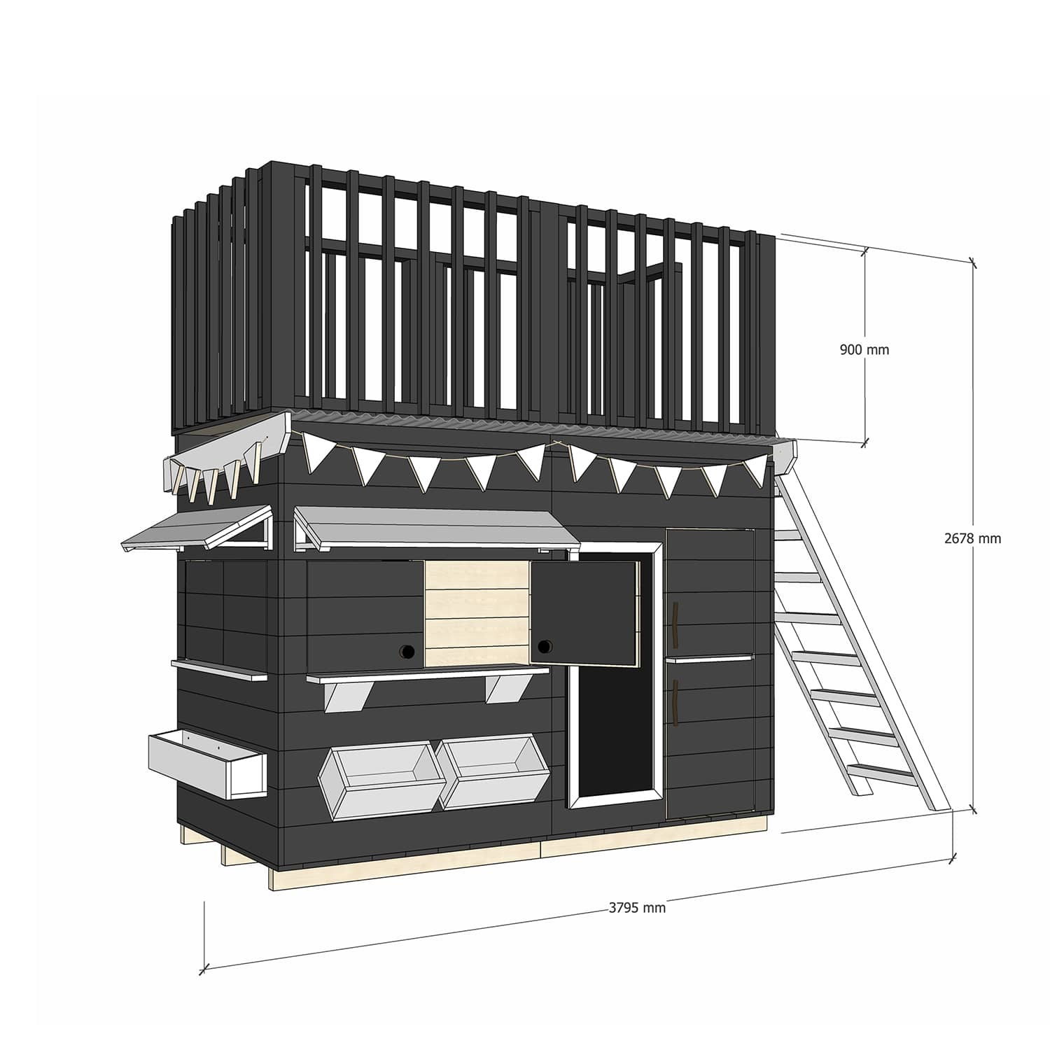 Painted timber cubby house with a double fort top in midi rectangle size