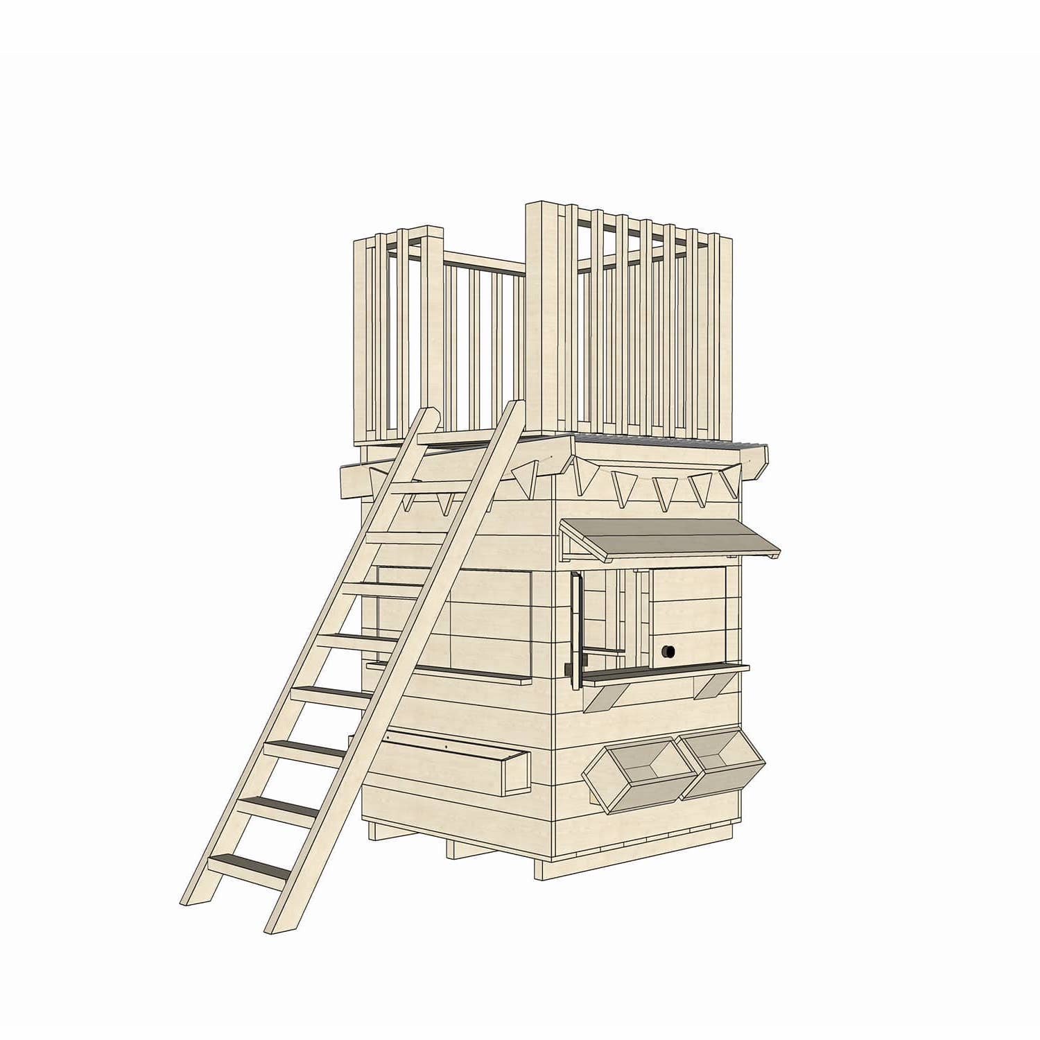 Timber cubby house with a fort top in little square size