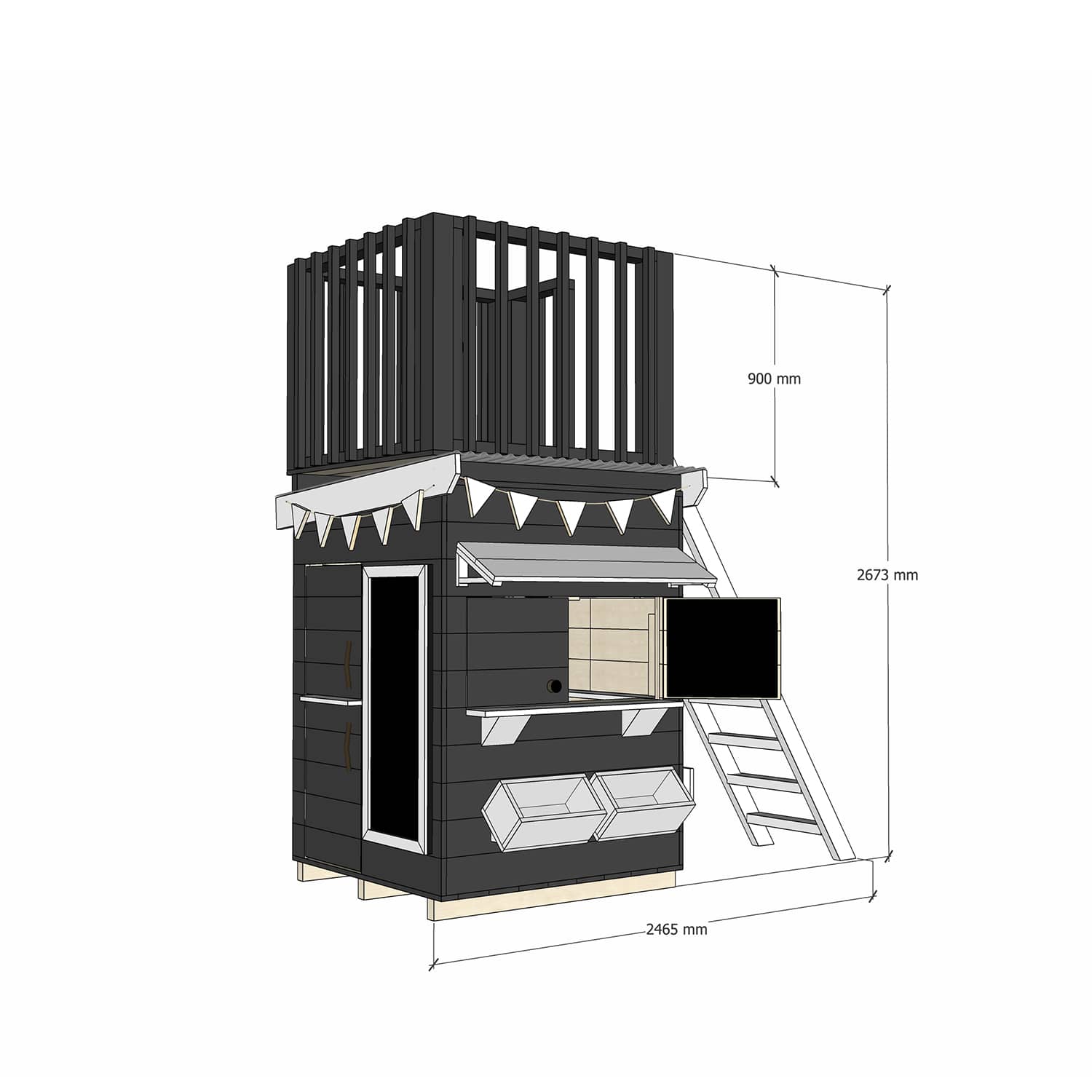 Painted pine cubby house with fort top and ladder in little square size