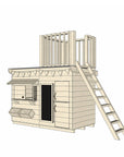 Raw pine cubby house with single fort top and ladder in midi rectangle size
