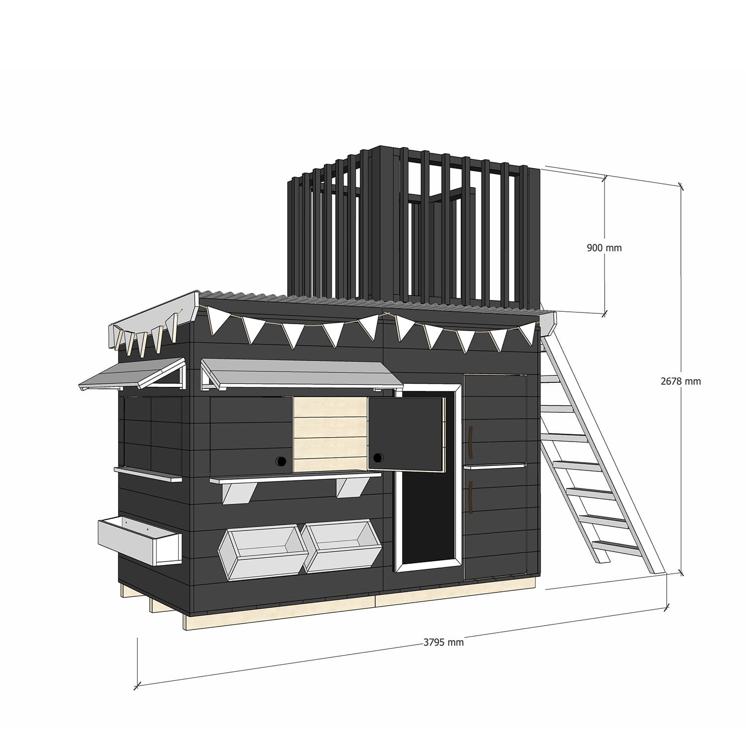 Painted timber cubby house with a single fort top in midi rectangle size