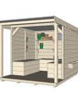 Raw wooden potting shed open front cubby with storage seats