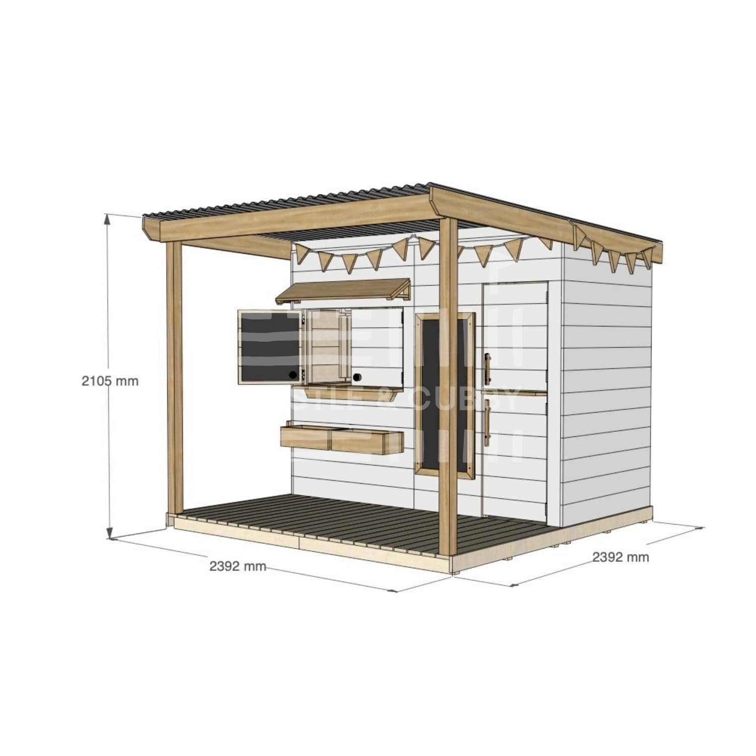 Painted pine extended height cubby house with front verandah for residential backyards midi rectangle size with dimensions