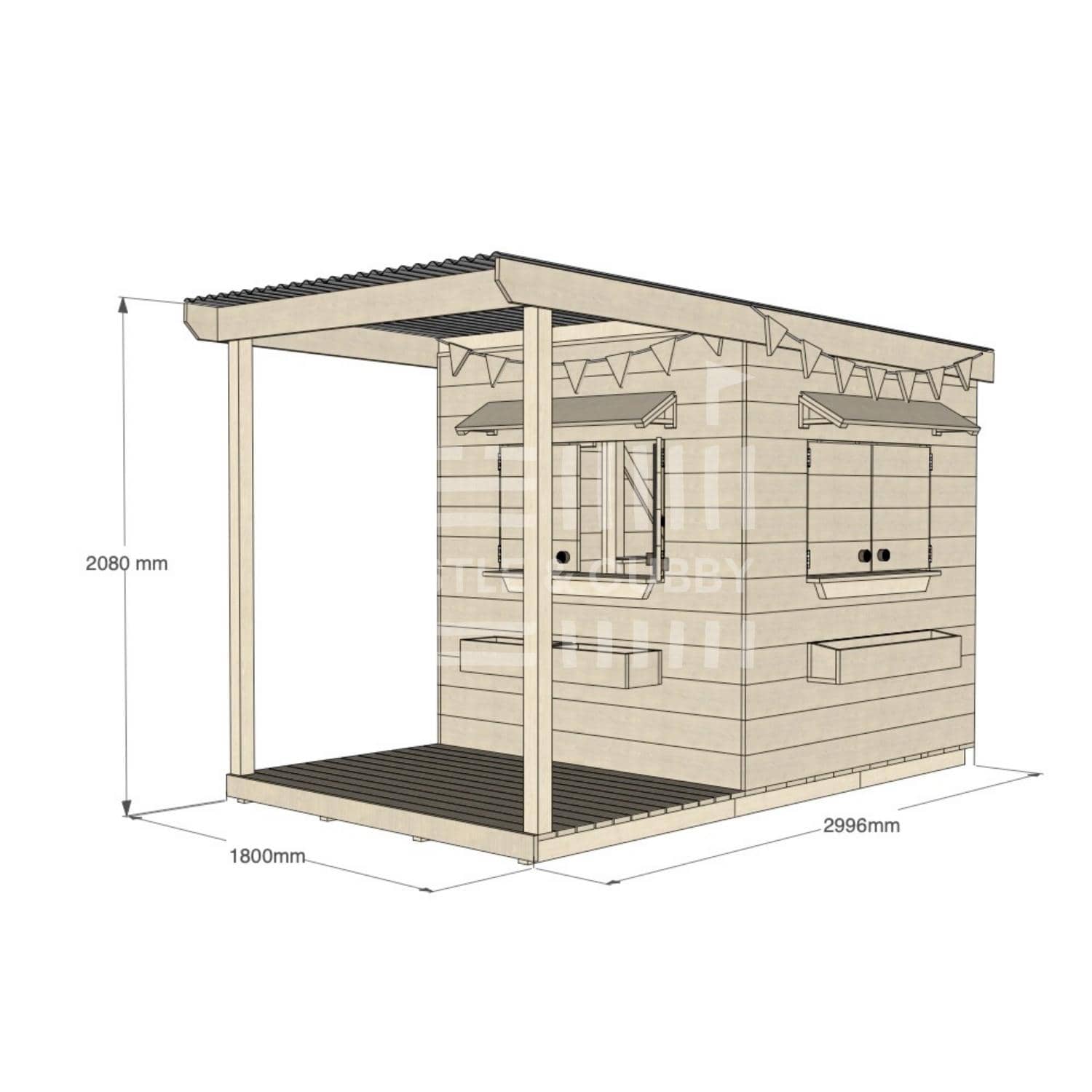 Raw pine extended height house with front verandah for residential backyards midi square size with dimensions