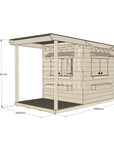 Raw pine extended height house with front verandah for residential backyards midi square size with dimensions