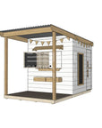 Painted timber extended height house with front verandah and deck for family gardens midi square size with accessories