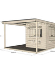 Raw pine extended height house with wraparound verandah for residential backyards midi square size with dimensions