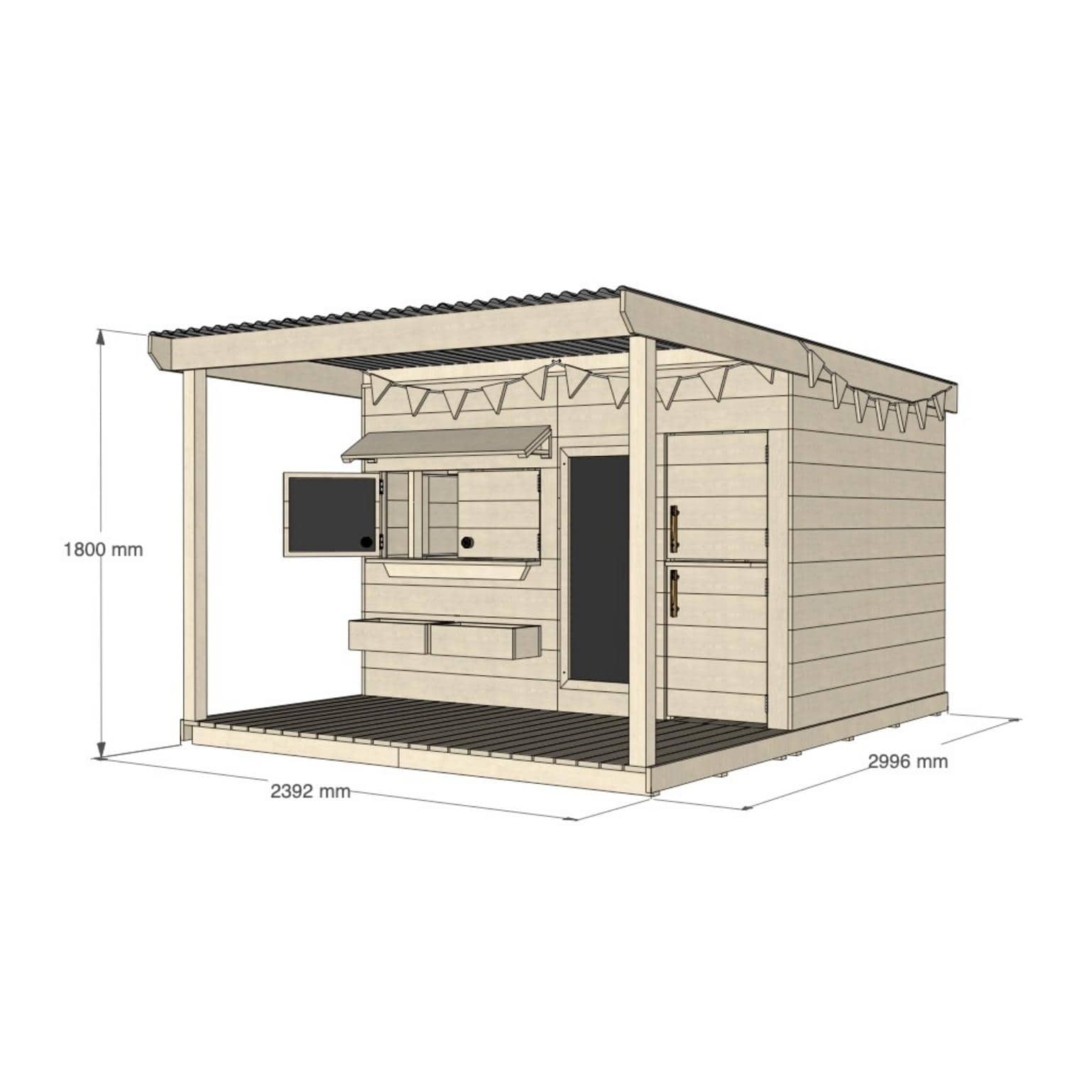 Raw pine cubby house with front verandah for residential backyards large rectangle size with dimensions