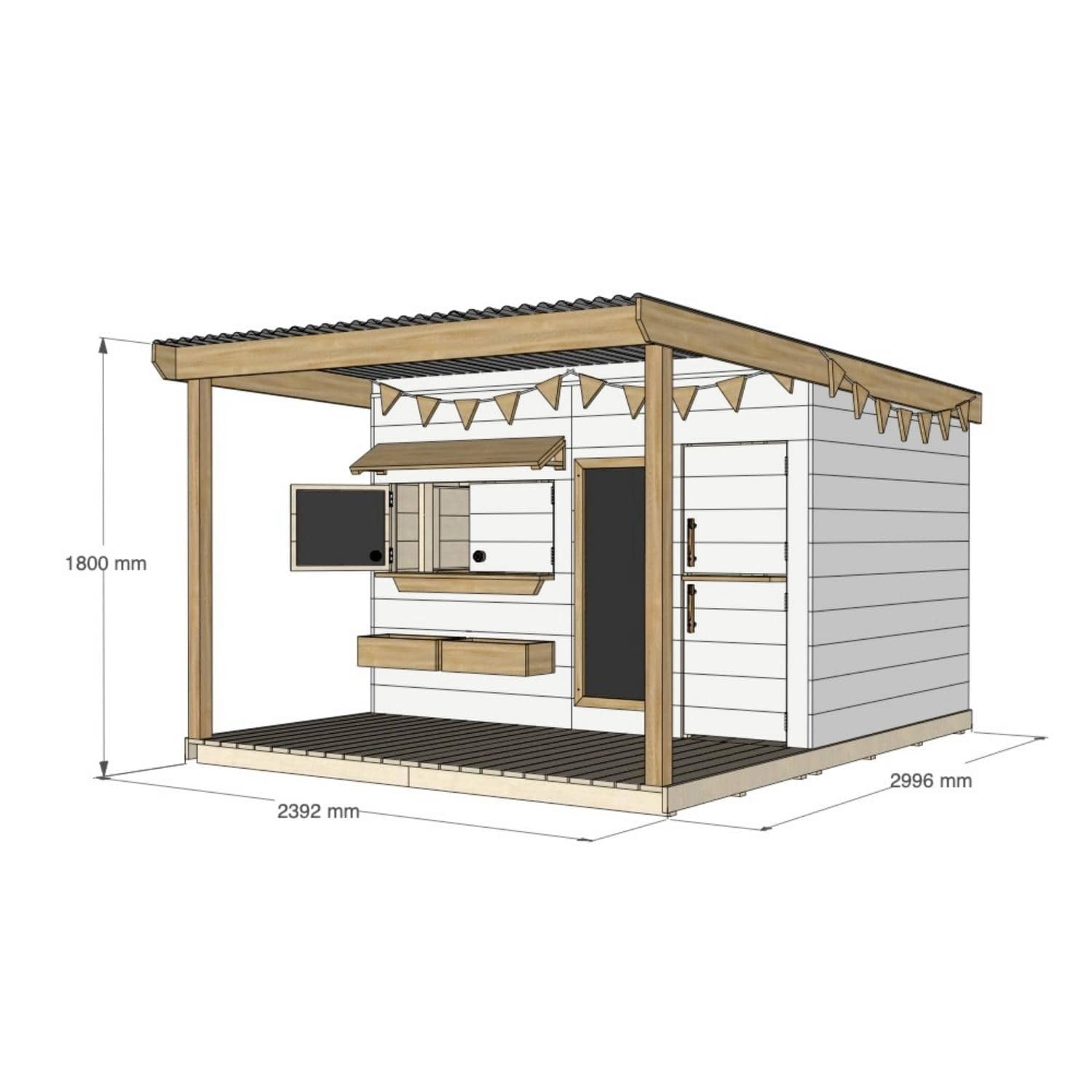 Painted pine cubby house with front verandah for residential backyards large rectangle size with dimensions