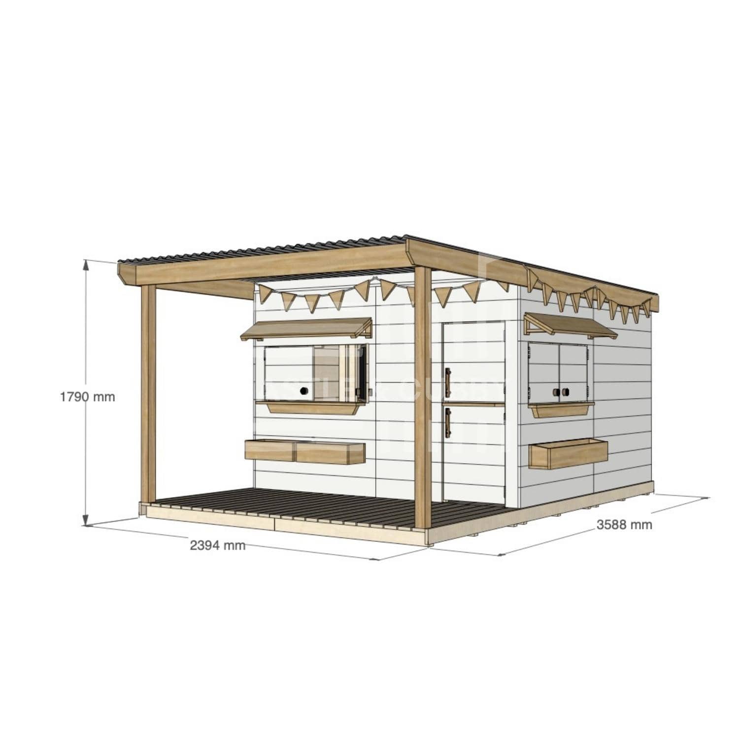 Painted pine cubby house with front verandah for residential backyards large square size with dimensions