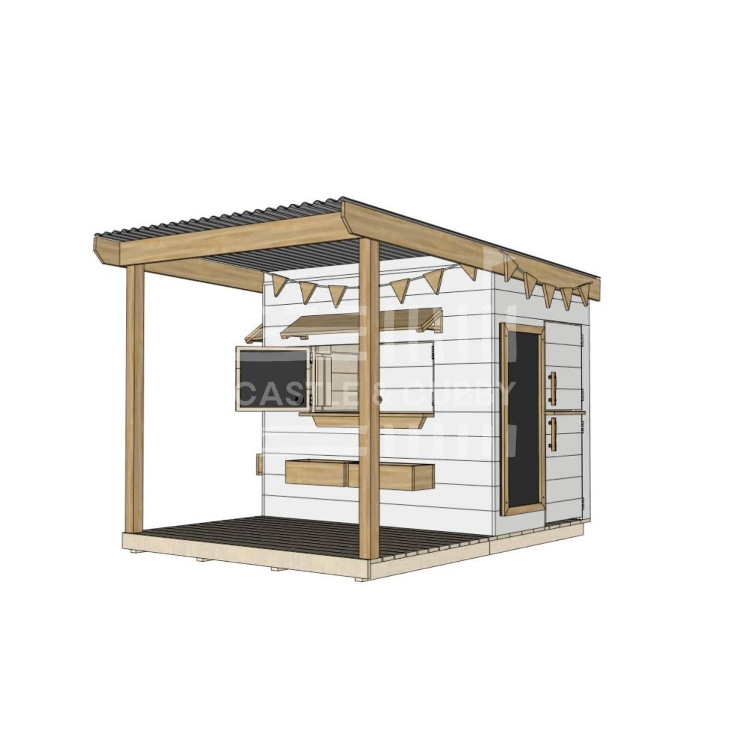 Painted timber cubby house with front verandah and deck for family gardens little rectangle size with accessories