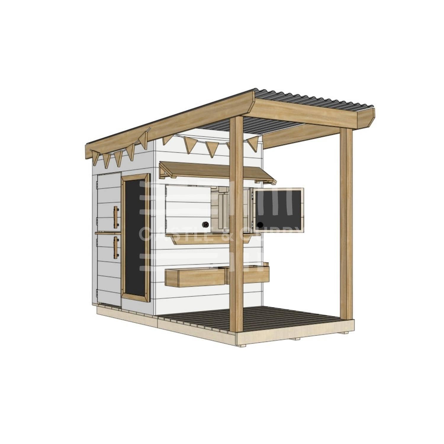 Painted wooden cubby house with front porch for residential and family homes little square size with accessories