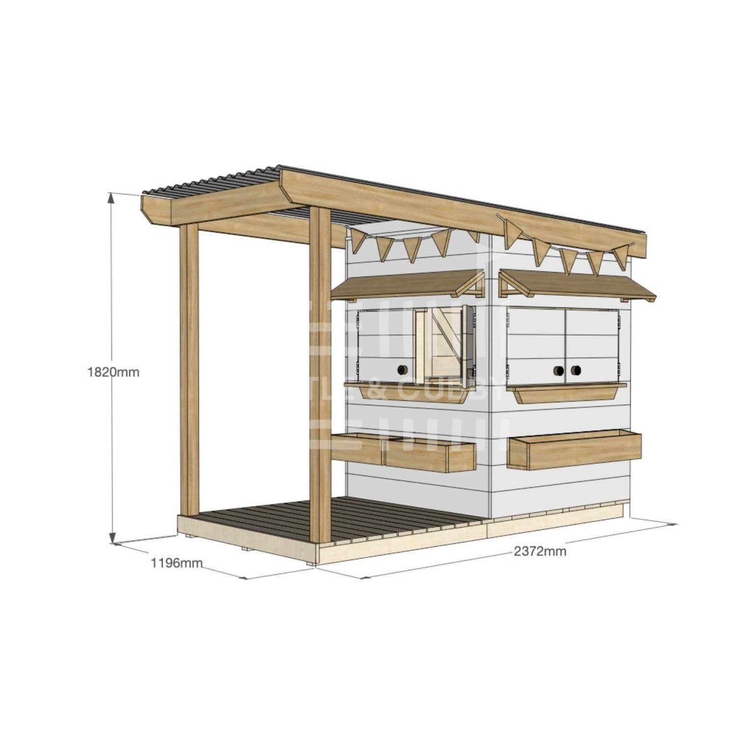 Painted pine cubby house with front verandah for residential backyards little square size with dimensions