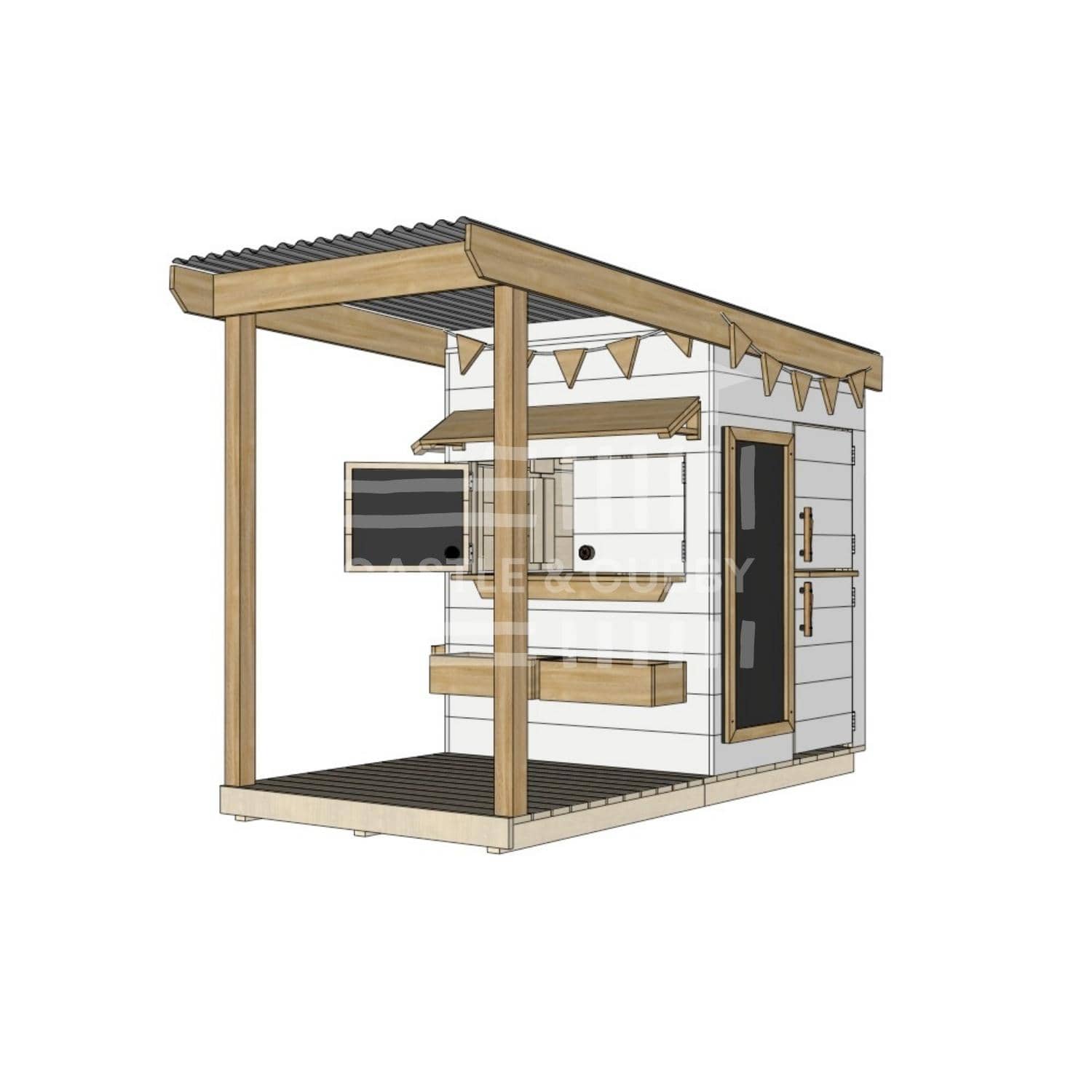 Painted timber cubby house with front verandah and deck for family gardens little square size with accessories