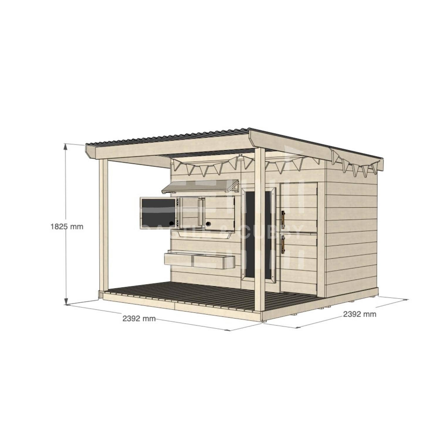 Raw pine cubby house with front verandah for residential backyards midi rectangle size with dimensions