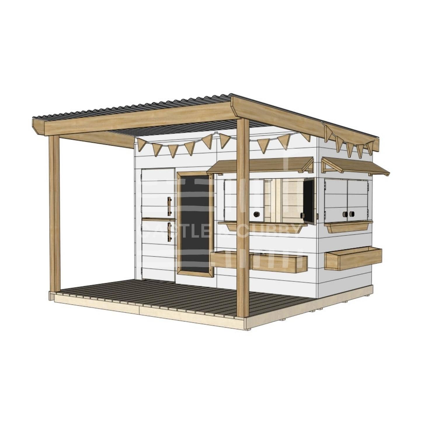 Painted wooden cubby house with front porch for residential and family homes midi rectangle size with accessories