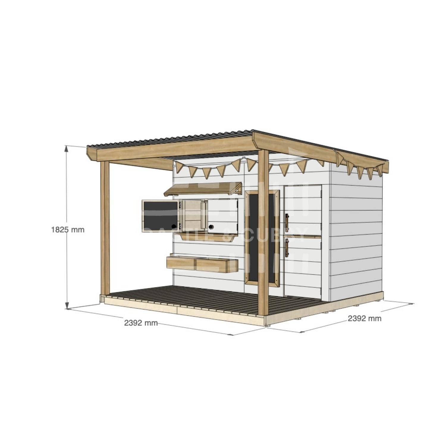 Painted pine cubby house with front verandah for residential backyards midi rectangle size with dimensions