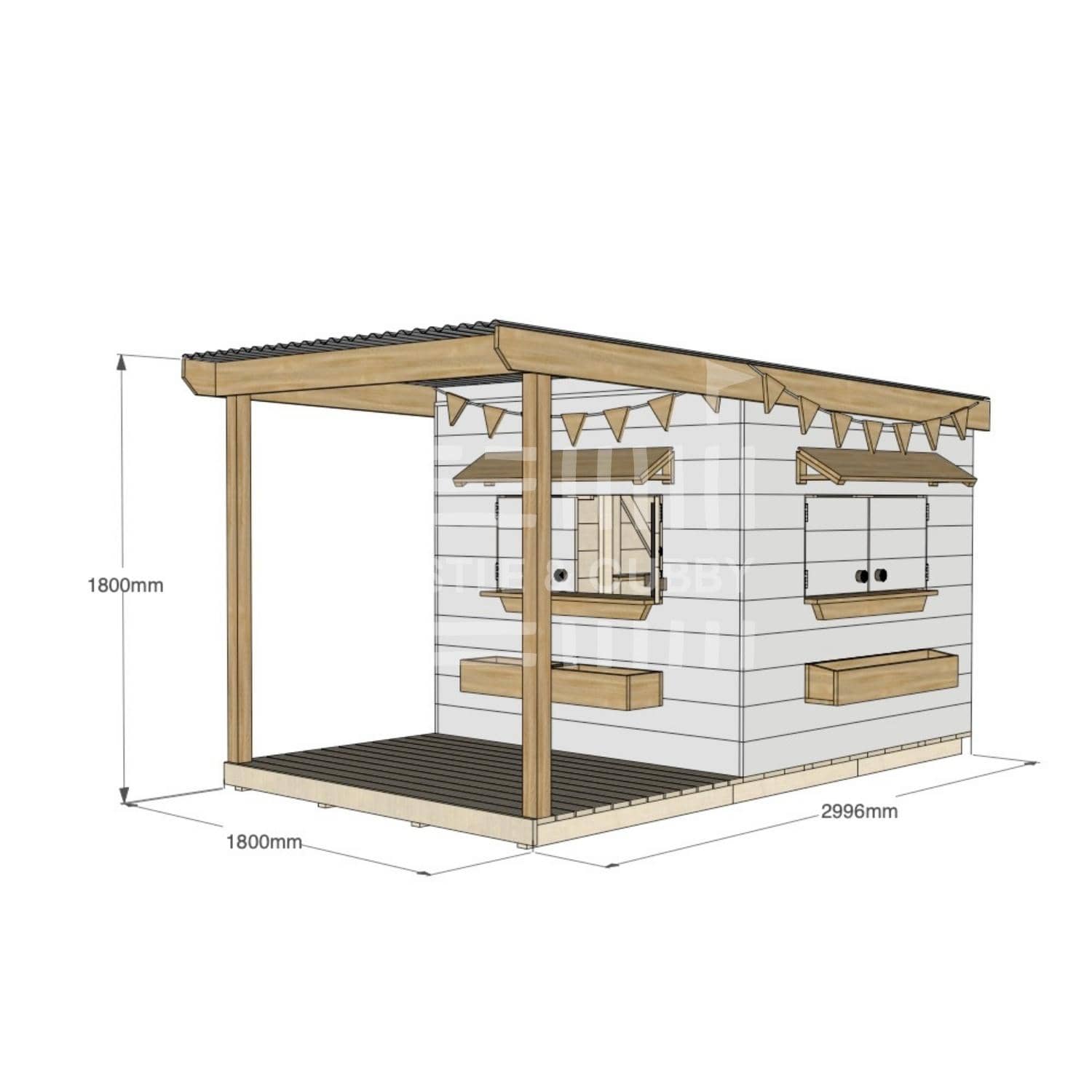 Painted pine cubby house with front verandah for residential backyards midi square size with dimensions