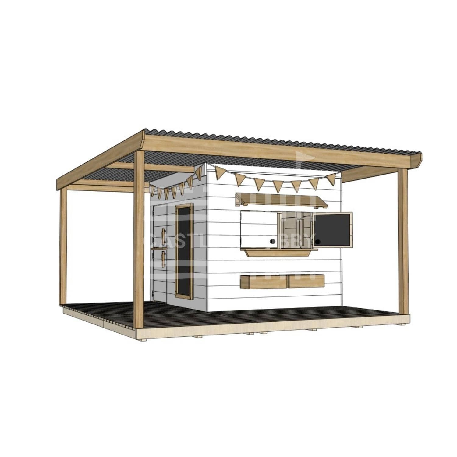 Painted wooden cubby house with wraparound porch for residential and family homes midi square size with accessories