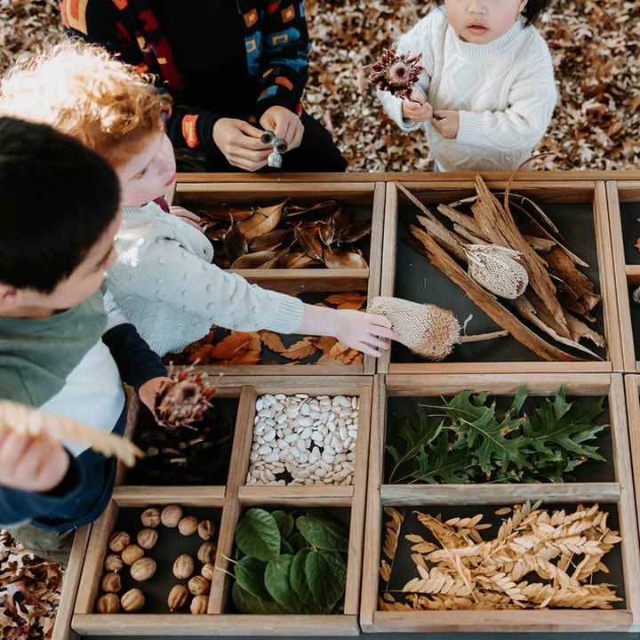 A Kids Wooden Sensory Play Table with Nature Items for Sensory Play