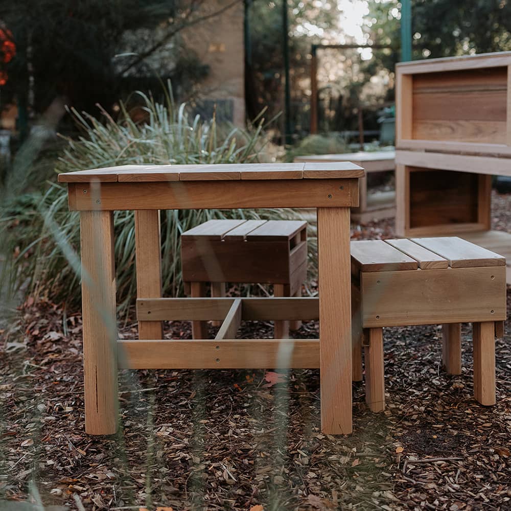 Hardwood outdoor kids stools with a matching table