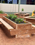 Raised garden bed with seating in landscaped outdoor classroom focused image