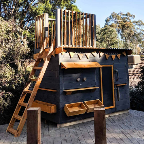 Wooden Cubby House with Fort Top & ladder. Hand made in Australia for families. 