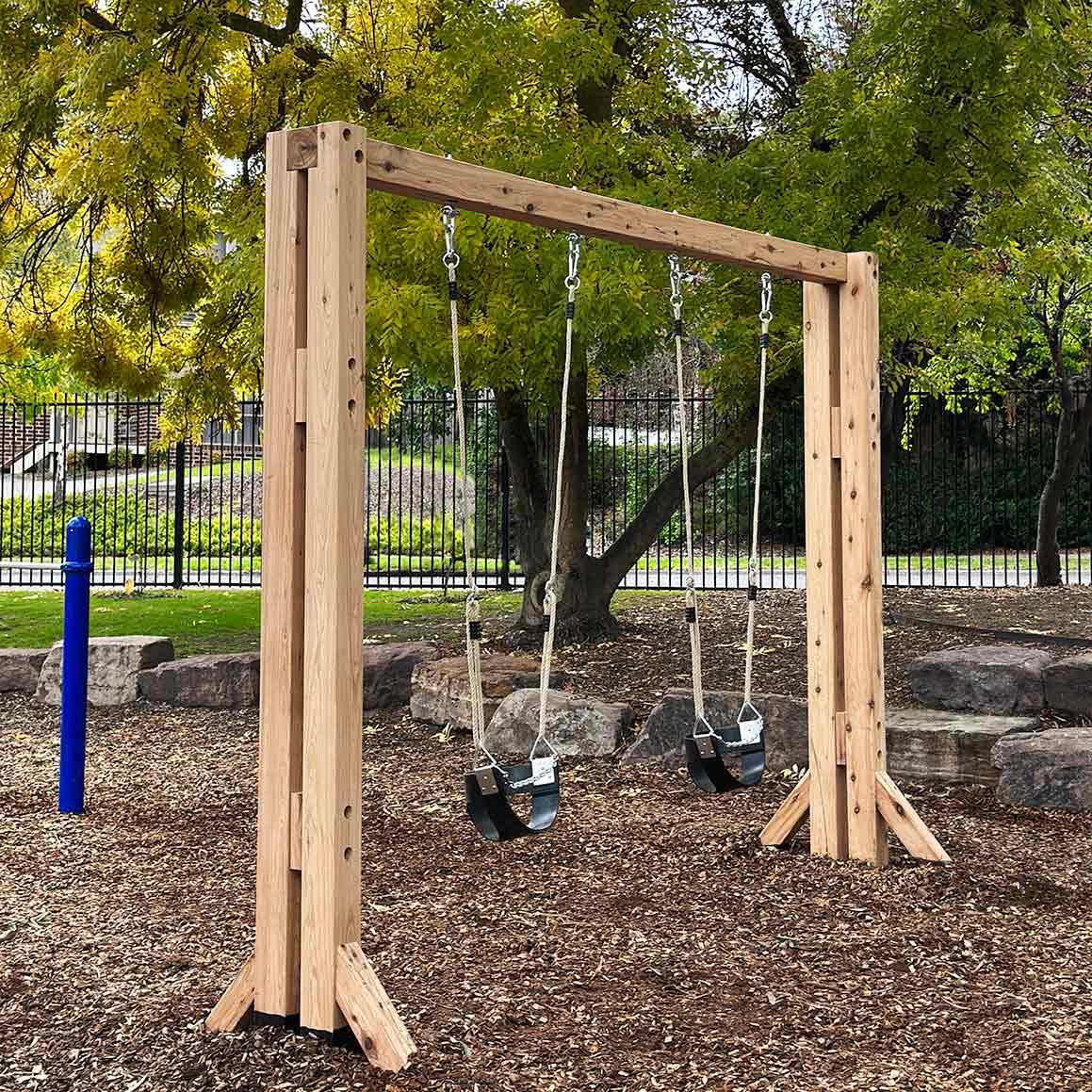 Wooden Swing Set. Hand made in Australia & commercial grade suitable for playgrounds at Primary Schools and Early Learning Centres.