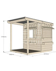 A commercial grade extended height pine little rectangle cubby house with front verandah, accessories and dimensions