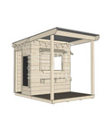 A commercial grade extended height wooden little rectangle cubby house with front verandah and accessories