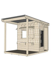 A commercial grade extended height pine little rectangle cubby house with front verandah and accessories package