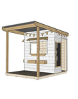 A commercial grade extended height painted pine little rectangle cubby house with front verandah and accessories package