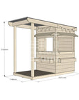 A commercial grade extended height pine little square cubby house with front verandah, accessories and dimensions