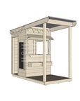 A commercial grade extended height wooden little square cubby house with front verandah and accessories