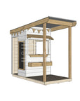 A commercial grade extended height painted wooden little square cubby house with front verandah and accessories