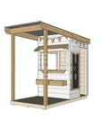 A commercial grade extended height painted pine little square cubby house with front verandah and accessories package