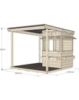 Commercial grade extended height little square pine timber cubby house with wraparound verandah, accessories and dimensions