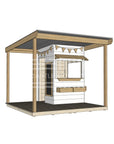 Commercial grade extended height painted little square wooden cubby house with wraparound verandah and accessories