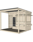 A commercial grade extended height wooden midi rectangle cubby house with front verandah and accessories