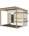 A commercial grade extended height painted wooden midi rectangle cubby house with front verandah and accessories