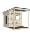 A commercial grade extended height wooden midi square cubby house with front verandah and accessories