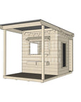 A commercial grade extended height pine midi square cubby house with front verandah and accessories package