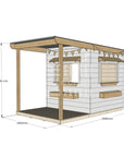 A commercial grade extended height painted pine midi square cubby house with front verandah, accessories and dimensions