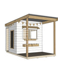 A commercial grade extended height painted wooden midi square cubby house with front verandah and accessories
