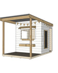 A commercial grade extended height painted pine midi square cubby house with front verandah and accessories package