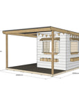 Commercial grade extended height painted midi square pine timber cubby house with wraparound verandah, accessories and dimensions