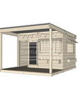 A commercial grade wooden large rectangle cubby house with front verandah and accessories